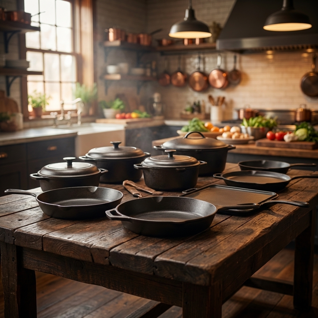 Cast iron cookware on rustic table
